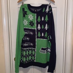 NFL Seattle Seahawks Ream Apparel Crewneck Green Blue and White Holiday Sweater